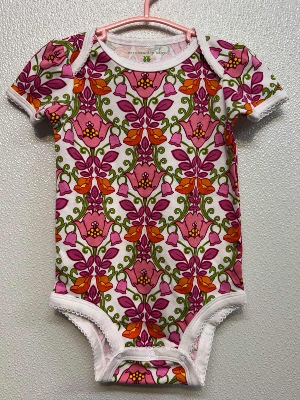 Vera Bradley Pink Floral Print Baby Bodysuit with Orange & Green Accents Sz 6-9m